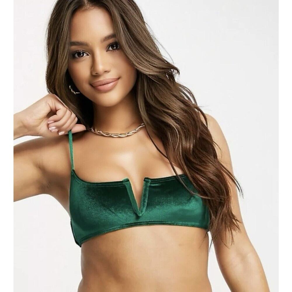 South Beach Forest Green Jade Velvet V-Cutout Bikini Top Gold Hardware 6